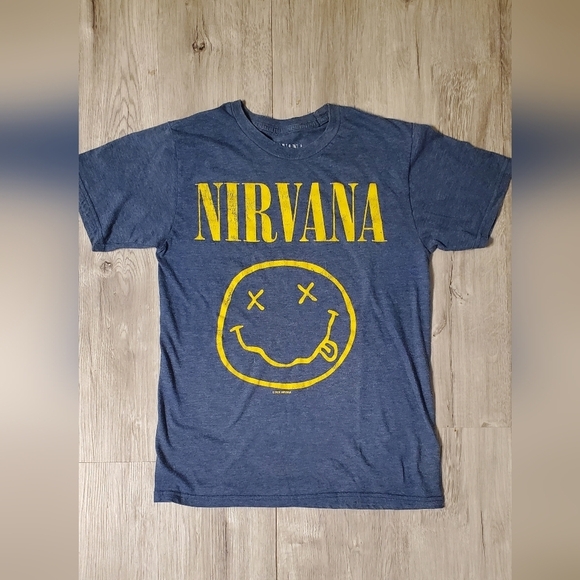 NIRVANA Blue Yellow Smiley Face Short Sleeve Tee Men's Size Small - Picture 4 of 4
